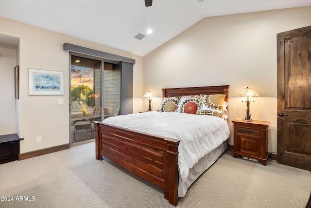 carpeted bedroom with lofted ceiling, access to exterior, and ceiling fan