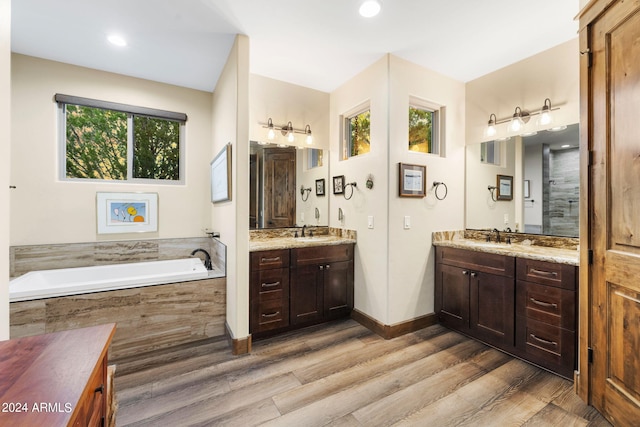 bathroom with a wealth of natural light, vanity, a relaxing tiled tub, and hardwood / wood-style flooring