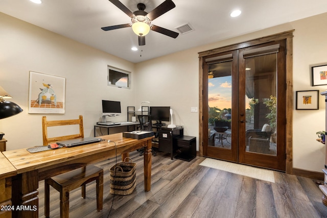 office space with french doors, dark hardwood / wood-style floors, and ceiling fan