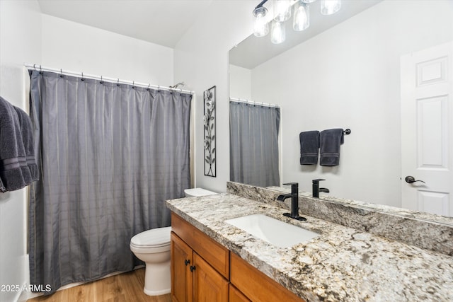 bathroom featuring toilet, vanity, a shower with curtain, and wood finished floors