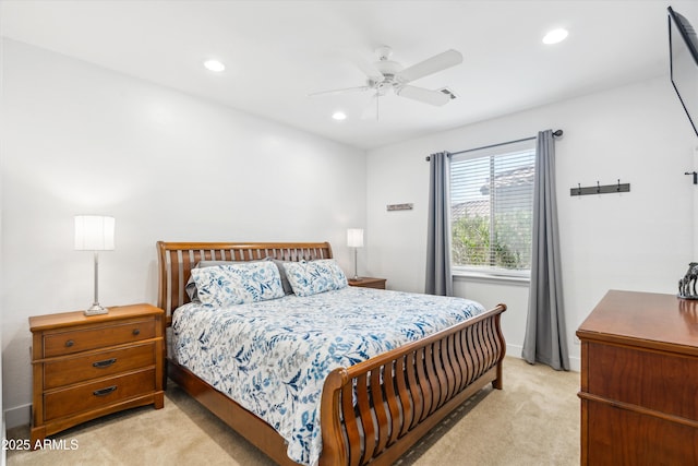 bedroom with recessed lighting, visible vents, light colored carpet, and ceiling fan