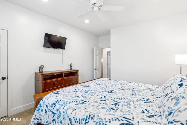 carpeted bedroom featuring recessed lighting, baseboards, and ceiling fan