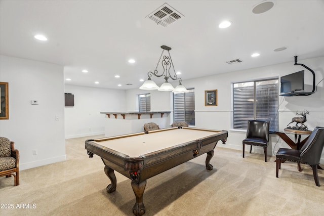 recreation room featuring recessed lighting, visible vents, and light colored carpet