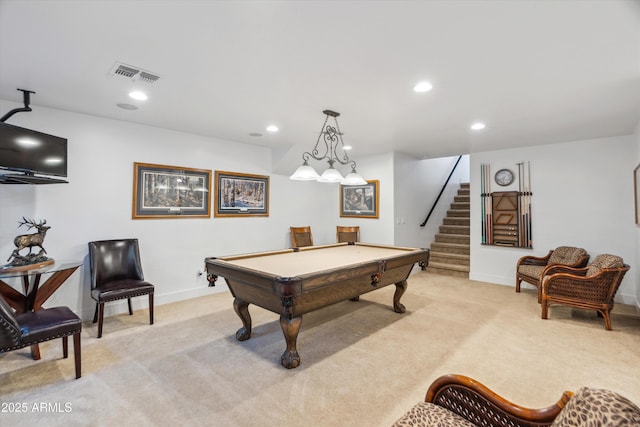 recreation room with recessed lighting, visible vents, light colored carpet, and pool table