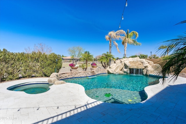 view of swimming pool with a fenced in pool, a patio, an in ground hot tub, and fence