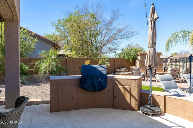 view of patio / terrace with a fenced backyard and exterior kitchen