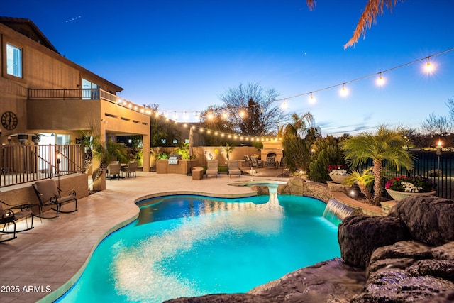 view of swimming pool with a fenced in pool, a patio area, and fence