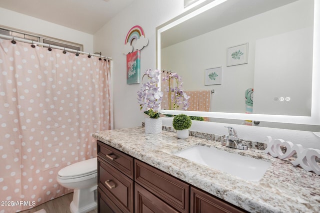 bathroom featuring toilet, vanity, a shower with curtain, and wood finished floors