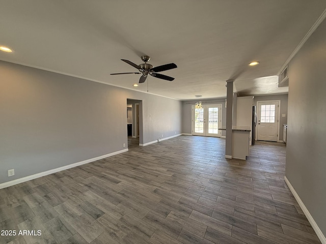 spare room with french doors, baseboards, a ceiling fan, and recessed lighting