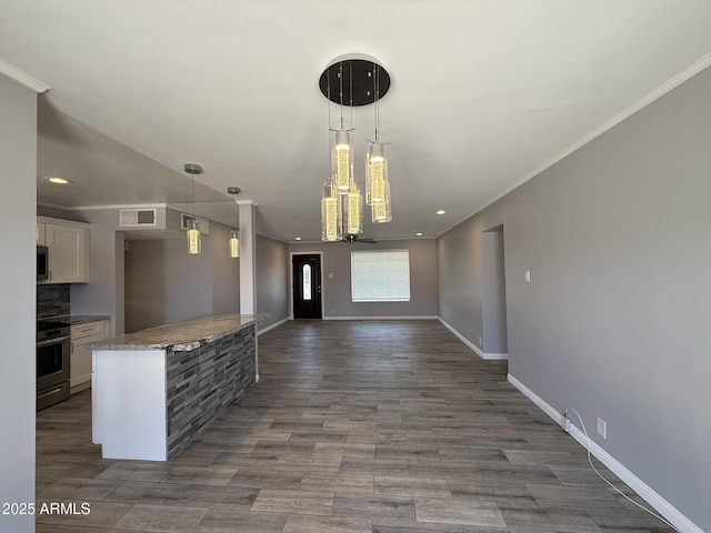 unfurnished dining area featuring ornamental molding, visible vents, recessed lighting, dark wood finished floors, and baseboards