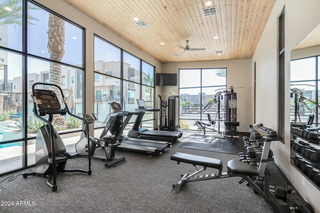 gym featuring ceiling fan and wooden ceiling