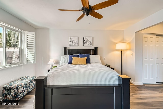 bedroom with ceiling fan, dark hardwood / wood-style floors, and a closet