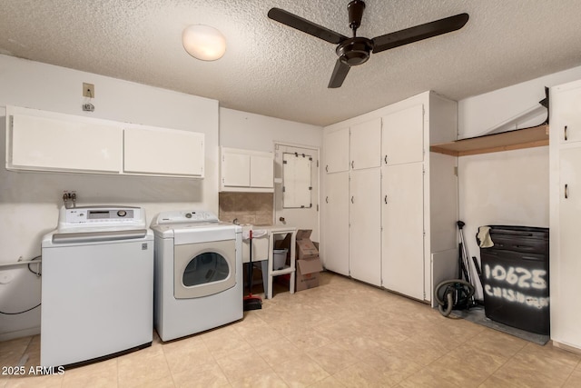 10625 W Chisholm Ct, Sun City, AZ 85373 - laundry room with cabinet space, separate washer and dryer, ceiling fan, and a textured ceiling