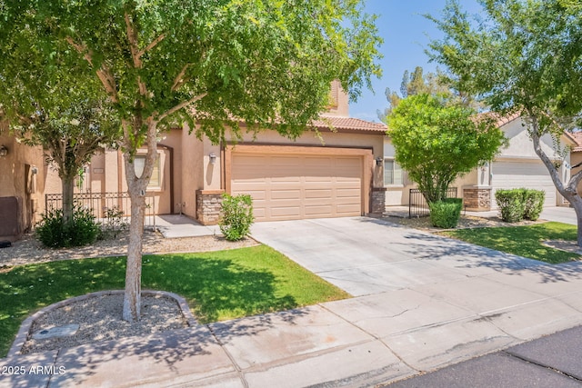 931 S Racine Ln, Gilbert, AZ 85296 - view of property hidden behind natural elements featuring stucco siding, driveway, a chimney, and a tiled roof
