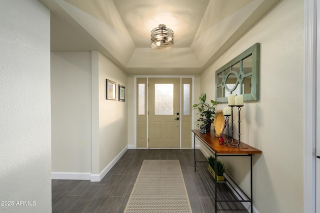 foyer featuring a tray ceiling