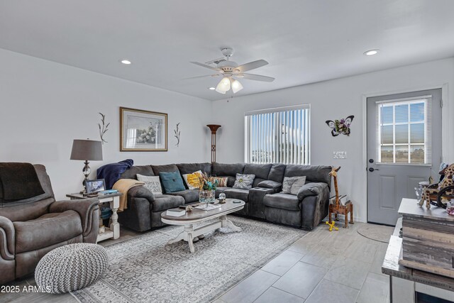 living room featuring ceiling fan