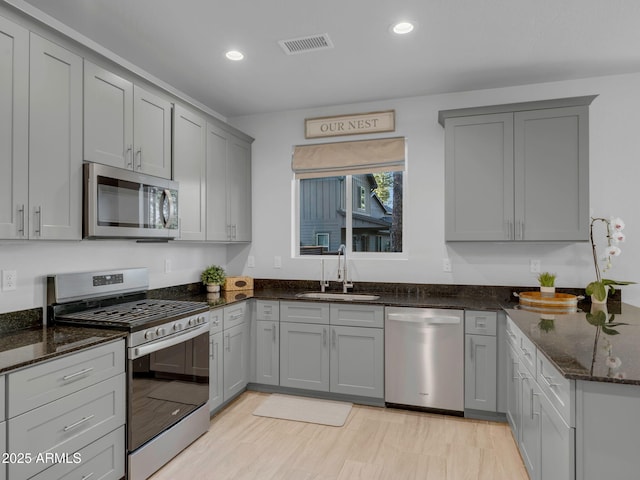 2395 S Polaris Way, Flagstaff, AZ 86001 - kitchen with appliances with stainless steel finishes, a sink, gray cabinets, dark stone countertops, and recessed lighting