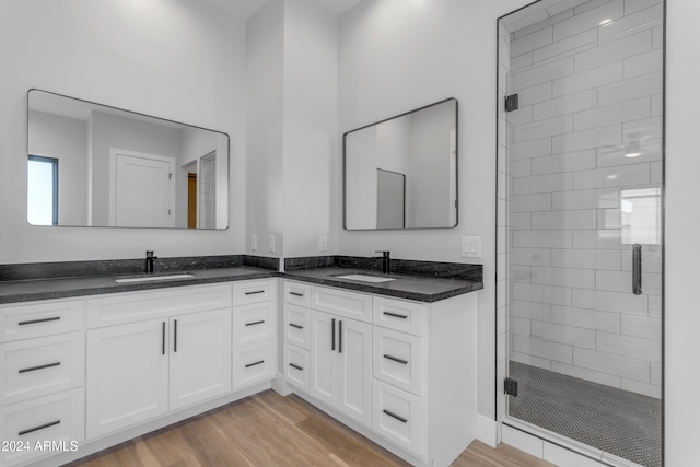 bathroom with walk in shower, vanity, and hardwood / wood-style flooring