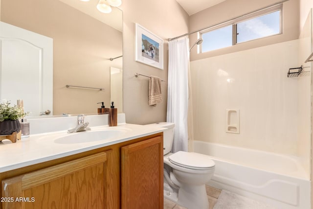 full bathroom with tile patterned flooring, shower / bath combination with curtain, vanity, and toilet