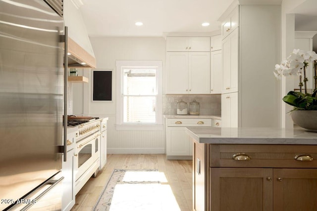 kitchen featuring light stone countertops, premium appliances, decorative backsplash, light wood-type flooring, and white cabinets