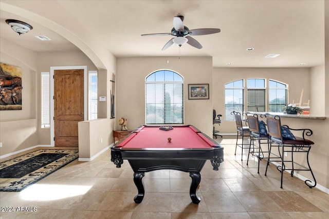 playroom with ceiling fan, pool table, and light tile floors