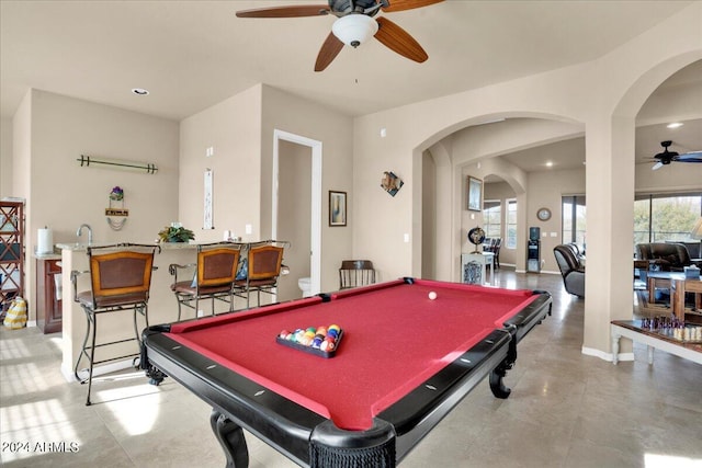 rec room featuring light tile flooring, billiards, and ceiling fan