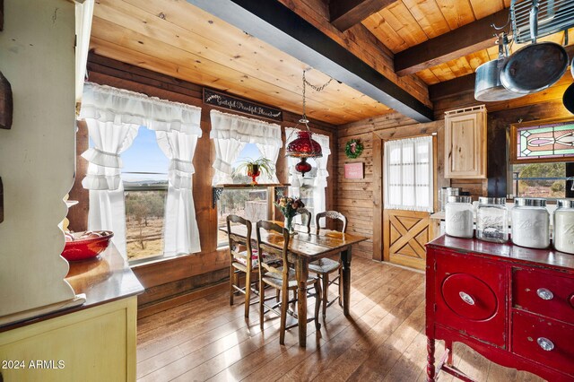 dining space featuring beamed ceiling, wood-type flooring, wooden walls, and wood ceiling