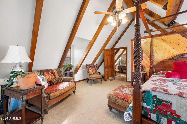 bedroom featuring carpet, ceiling fan, beamed ceiling, and high vaulted ceiling