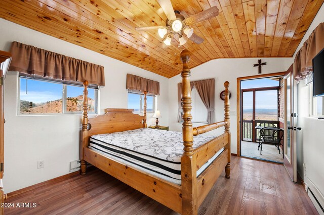 bedroom with a baseboard radiator, wooden ceiling, dark hardwood / wood-style flooring, a mountain view, and vaulted ceiling