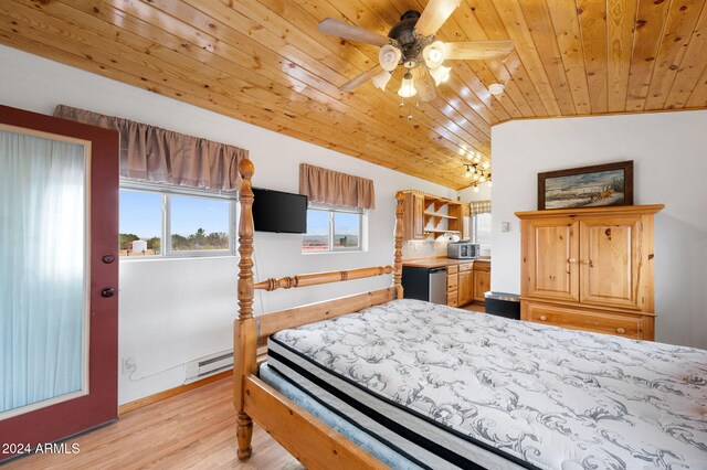 bedroom featuring light wood-type flooring, ceiling fan, a baseboard radiator, wooden ceiling, and lofted ceiling