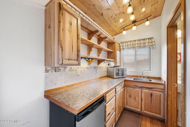 kitchen with appliances with stainless steel finishes, wood ceiling, lofted ceiling, and sink