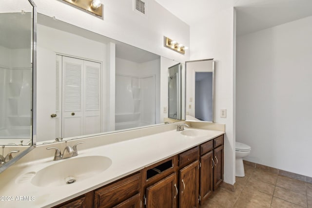 bathroom with vanity, toilet, and tile patterned flooring