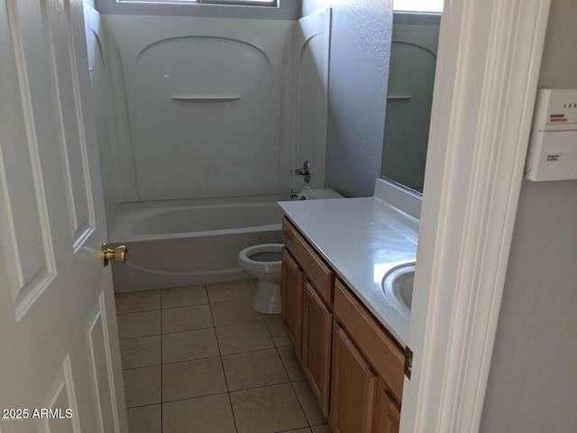 full bath featuring toilet, shower / tub combination, tile patterned flooring, and vanity