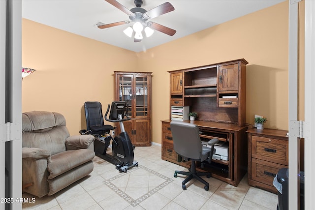 tiled office with ceiling fan