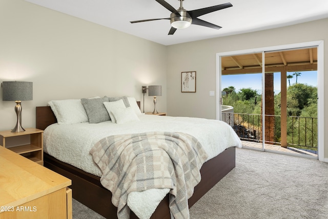 carpeted bedroom with ceiling fan and access to outside