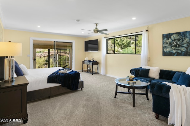 bedroom with access to exterior, crown molding, ceiling fan, and light colored carpet