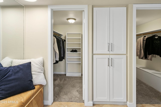 walk in closet featuring light carpet