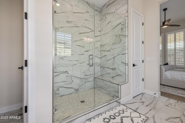 3814 W Running Deer Trl, Phoenix, AZ 85083 - ensuite bathroom with ceiling fan, marble look tiles, and a marble finish shower