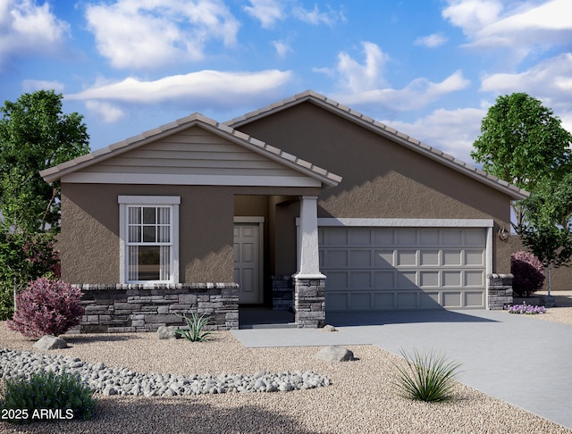 view of front of house with stone siding, driveway, and stucco siding