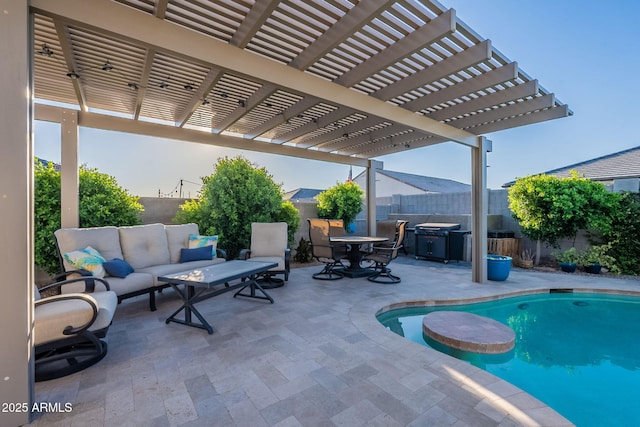 9454 E Alfalfa Dr, Florence, AZ 85132 - view of pool featuring a fenced backyard, a pergola, a patio, an outdoor hangout area, and outdoor dining space