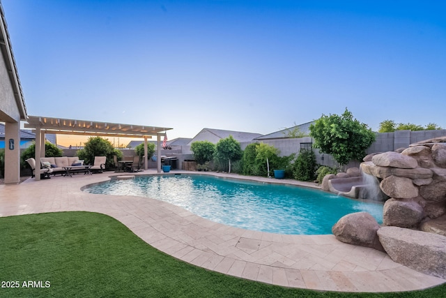 9454 E Alfalfa Dr, Florence, AZ 85132 - view of pool featuring a pergola, a fenced backyard, a patio area, and outdoor lounge area