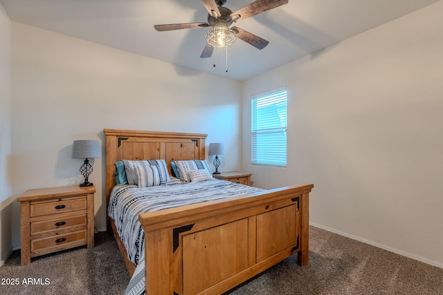 9454 E Alfalfa Dr, Florence, AZ 85132 - bedroom with dark carpet, baseboards, and a ceiling fan