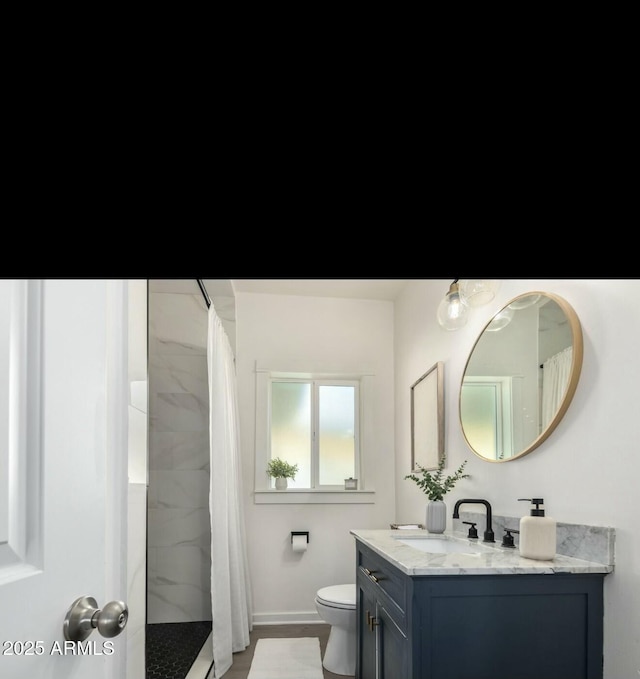 bathroom with vanity, toilet, and a shower with shower curtain