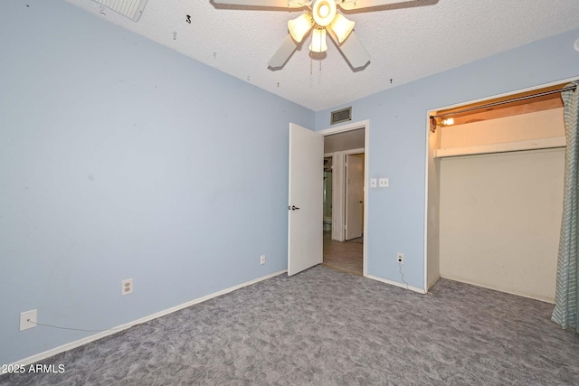 18012 N 37th Dr, Glendale, AZ 85308 - unfurnished bedroom featuring baseboards, a textured ceiling, a ceiling fan, carpet floors, and visible vents