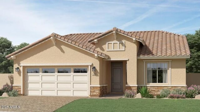 17363 W Fallen Leaf Ln, Surprise, AZ 85387 - view of front facade featuring stone siding, an attached garage, driveway, a tile roof, and stucco siding