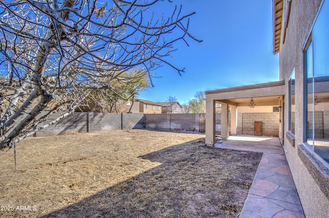 view of yard with a fenced backyard and a patio