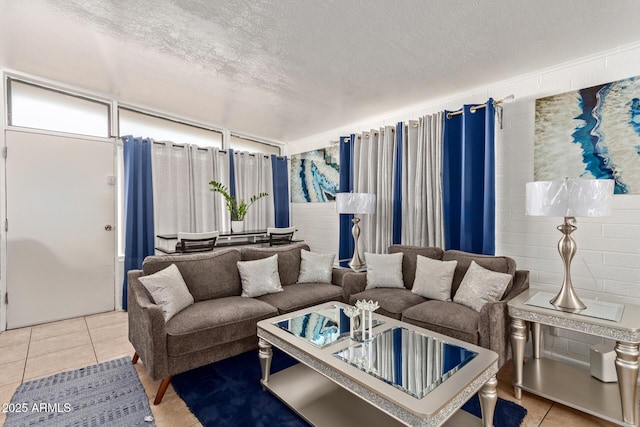 tiled living room with a textured ceiling