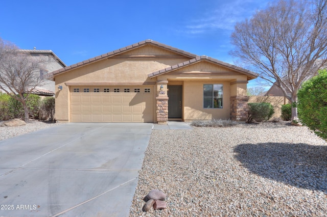 ranch-style home featuring driveway, stucco siding, stone siding, a garage, and a tile roof