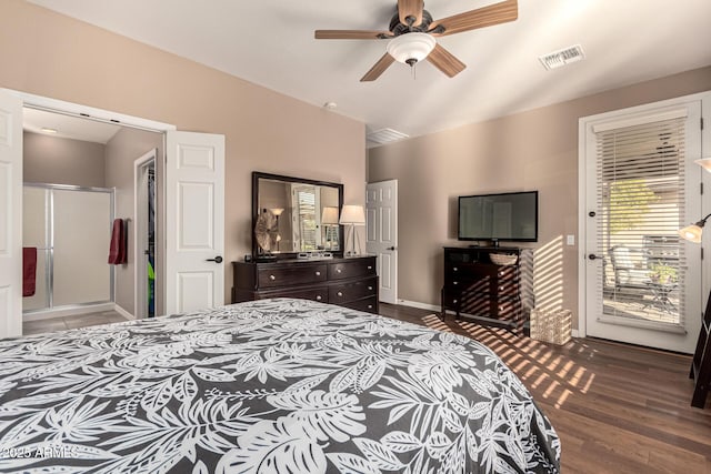 bedroom featuring access to exterior, ceiling fan, and wood-type flooring