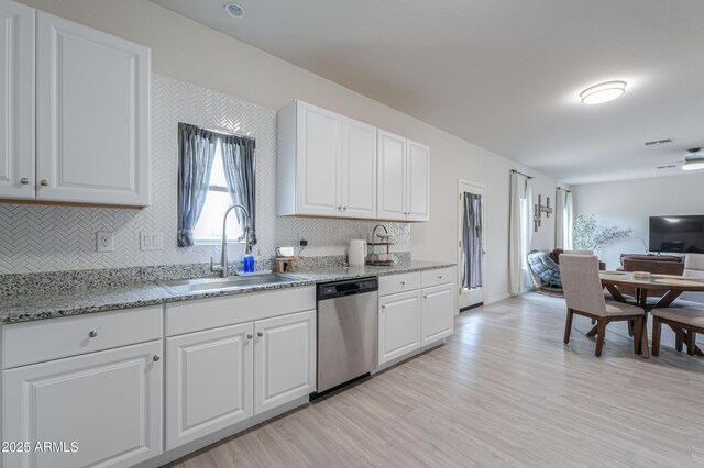 kitchen featuring dishwasher, white cabinets, a sink, and open floor plan